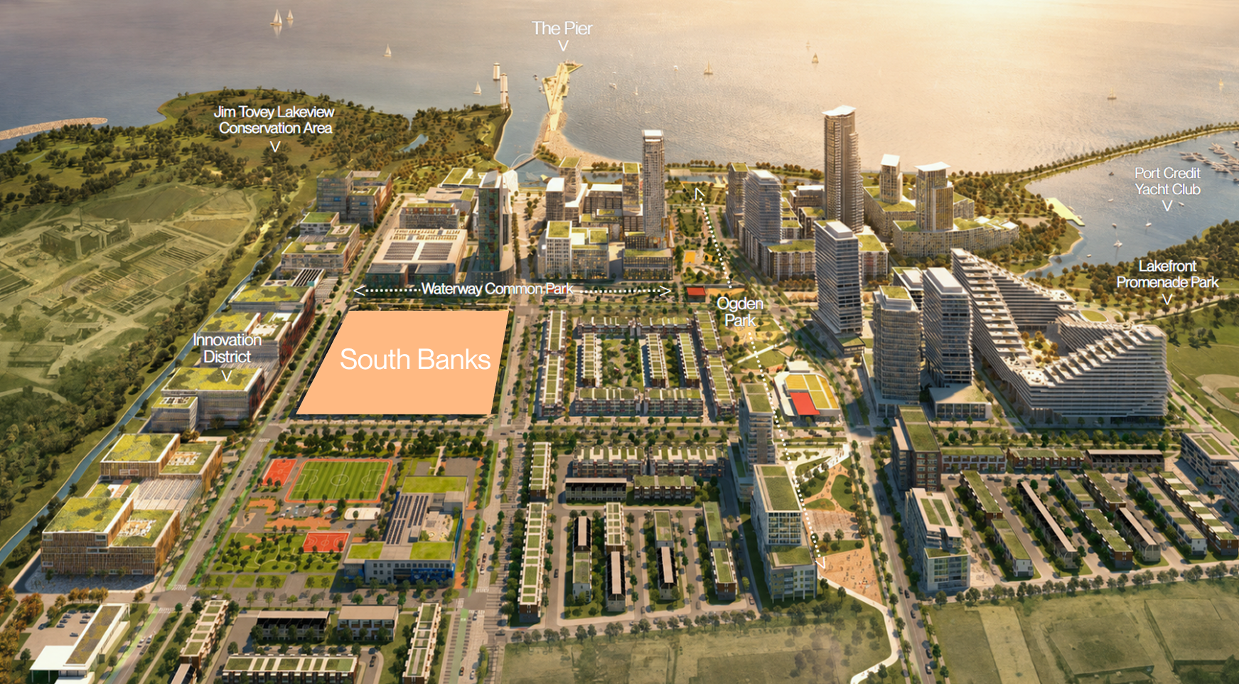 Rendering of South Banks coastal townhomes in Lakeview Village
